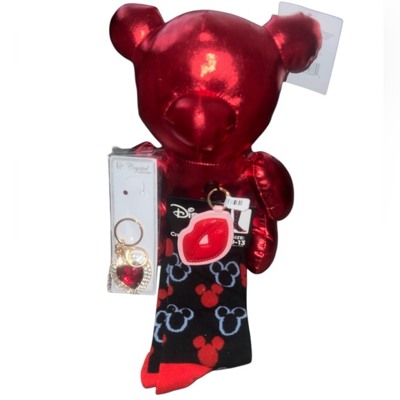 Disney Accessories - Metallic Red Bear with Keychains and Disney Socks Bundle